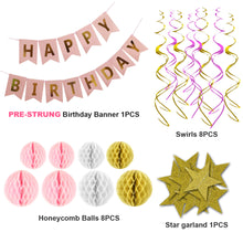 Load image into Gallery viewer, Happy Birthday Banner Kit - Happy Birthday Decorations Include 1 Bday Banner, 8 Swirls, 8 Honeycomb Balls, 1 Star Garland - Birthday Party Decorations