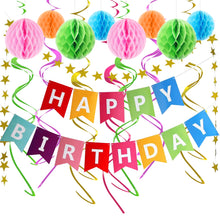 Load image into Gallery viewer, Happy Birthday Banner Kit - Happy Birthday Decorations - 1 Rainbow Bday Banner, 8 Swirls, 8 pom poms, 1 Star Garland - Birthday Party Decorations - Bi