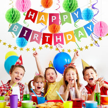 Load image into Gallery viewer, Happy Birthday Banner Kit - Happy Birthday Decorations - 1 Rainbow Bday Banner, 8 Swirls, 8 pom poms, 1 Star Garland - Birthday Party Decorations - Bi