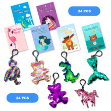 Load image into Gallery viewer, 24 Pack Valentine Day Gift Sets Kids Party Favors 48PCS Valentine Day Cards with Glitter Sequin Keychains for Valentine Classroom Exchange School Priz