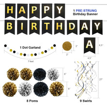 Load image into Gallery viewer, Happy Birthday Banner Kit - Happy Birthday Decorations - 1 Bday Banner, 9 Swirls, 8 Pom Poms Flowers, 1 Dots Garland - Birthday Party Decorations - Bi