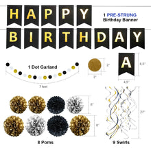 Load image into Gallery viewer, Happy Birthday Banner Kit - Happy Birthday Decorations - 1 Bday Banner, 9 Swirls, 8 Pom Poms Flowers, 1 Dots Garland - Birthday Party Decorations - Bi
