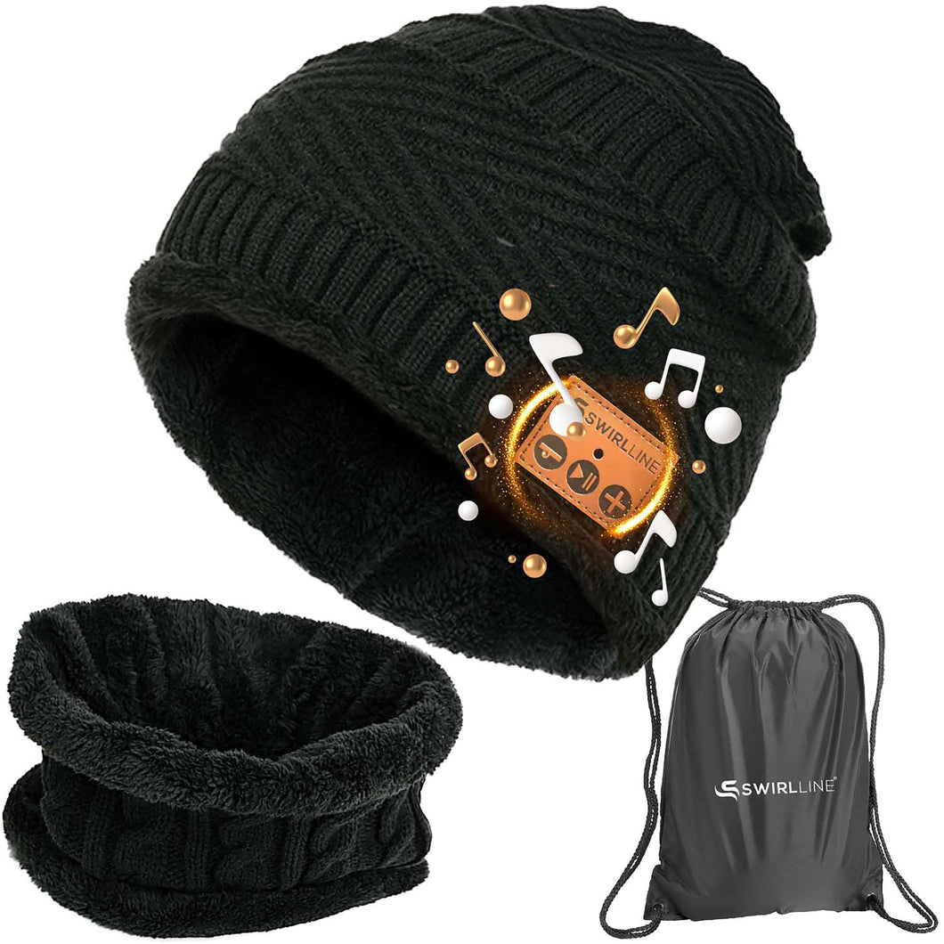 Wireless Beanie - Wireless Headphones Hat and Scarf Set for Winter Outdoor Men Women Warm Knitted Music Hat Black