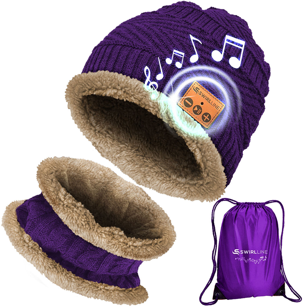Bluetooth Beanie Wireless Hat with Scarf – Purple Headphone Beanie Hat with Upgraded Bluetooth 5.0 - Wireless Beanie Bluetooth Hat for Women - Warm Kn